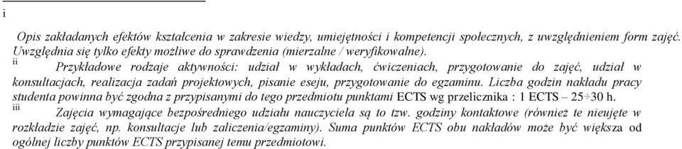 ii Przykładowe rodzaje aktywności: udział w wykładach, ćwiczeniach, przygotowanie do zajęć, udział w konsultacjach, realizacja zadań projektowych, pisanie eseju, przygotowanie do egzaminu.