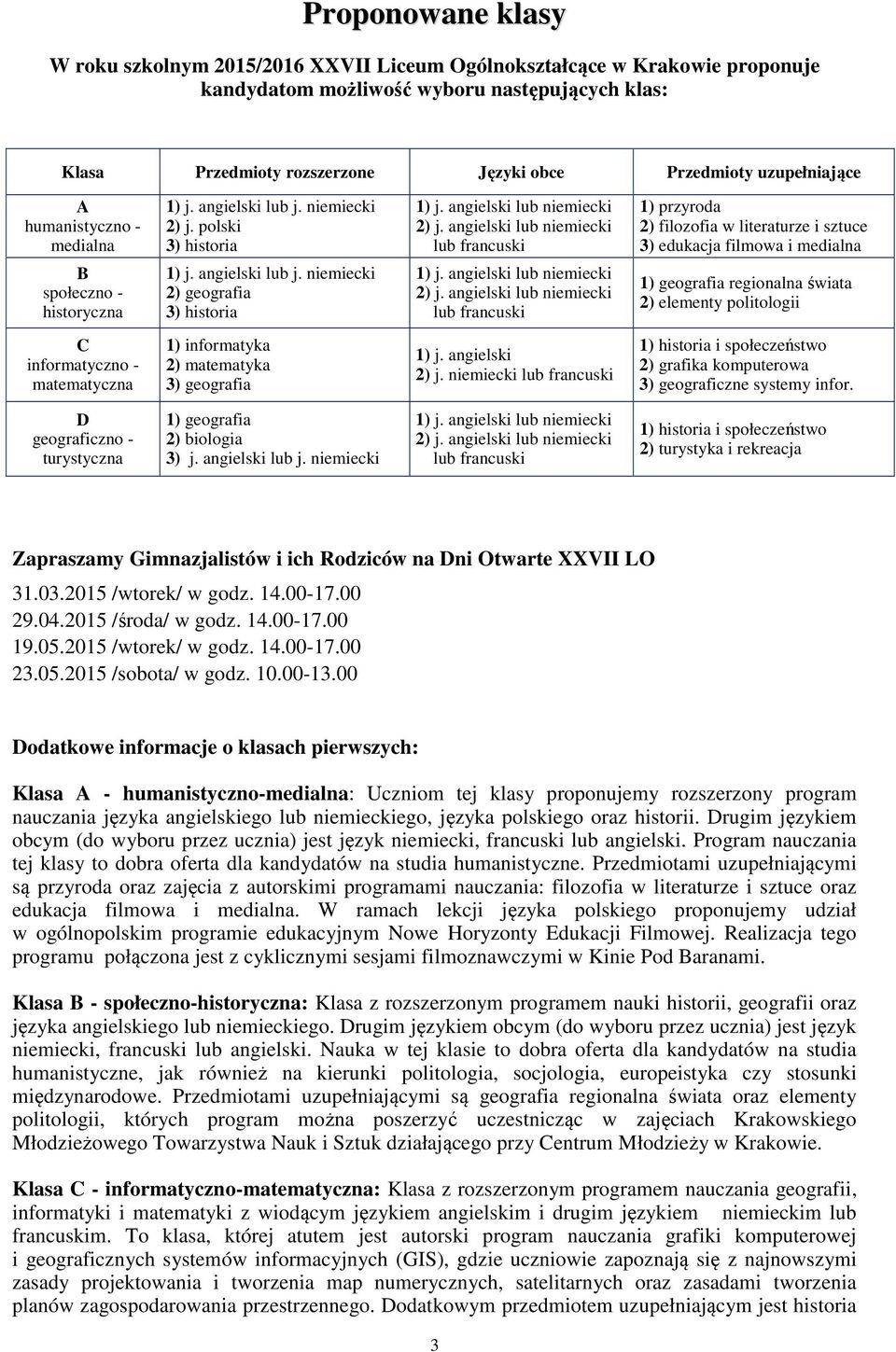 angielski niemiecki francuski 1) przyroda 2) filozofia w literaturze i sztuce 3) edukacja filmowa i medialna B społeczno - historyczna 1) j. angielski j. niemiecki 2) geografia 3) historia 1) j.
