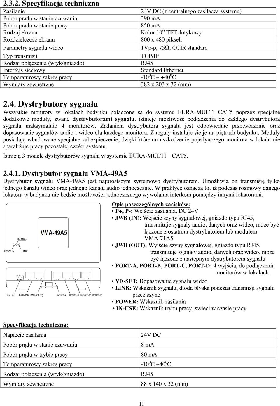 standard TCP/IP RJ45 Standard Ethernet -10 0 C ~ +40 0 C 382 x 203 x 32 (mm) 2.4. Dystrybutory sygnału Wszystkie monitory w lokalach budynku połączone są do systemu EURA-MULTI CAT5 poprzez specjalne dodatkowe moduły, zwane dystrybutorami sygnału.