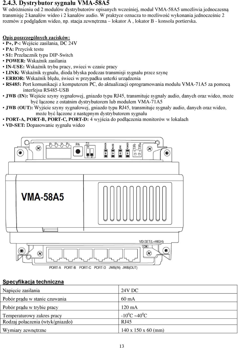 Opis poszczególnych zacisków: P+, P-: Wejście zasilania, DC 24V PA: Przycisk testu S1: Przełacznik typu DIP-Switch POWER: Wskaźnik zasilania IN-USE: Wskaźnik trybu pracy, swieci w czasie pracy LINK: