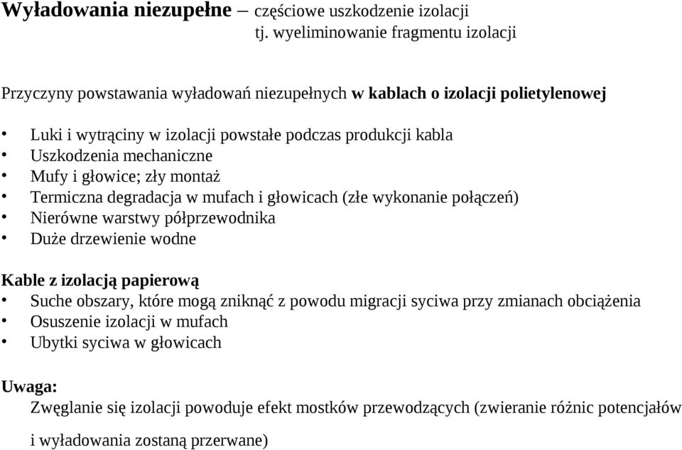 kabla Uszkodzenia mechaniczne Mufy i głowice; zły montaż Termiczna degradacja w mufach i głowicach (złe wykonanie połączeń) Nierówne warstwy półprzewodnika Duże drzewienie