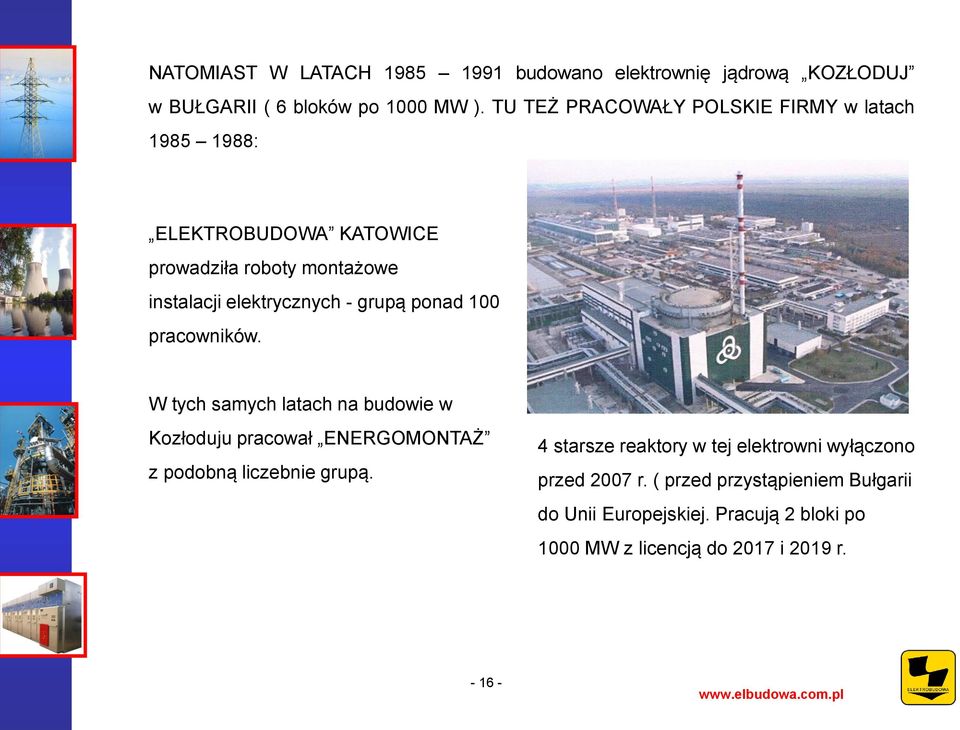 grupą ponad 100 pracowników. W tych samych latach na budowie w Kozłoduju pracował ENERGOMONTAŻ z podobną liczebnie grupą.