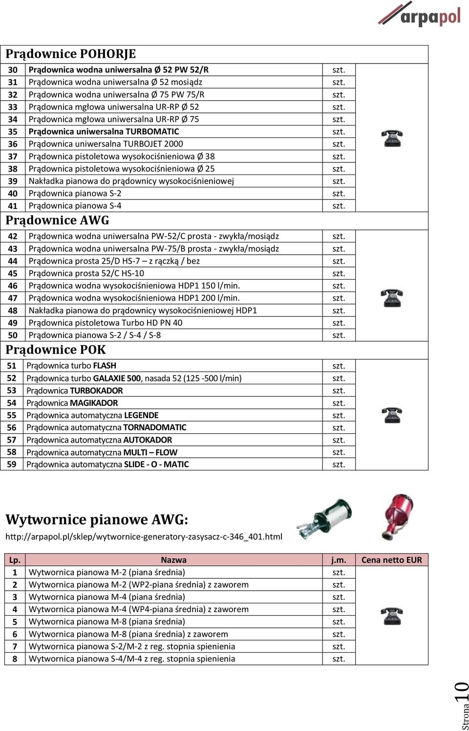 pistoletowa wysokociśnieniowa Ø 25 39 Nakładka pianowa do prądownicy wysokociśnieniowej 40 Prądownica pianowa S-2 41 Prądownica pianowa S-4 Prądownice AWG 42 Prądownica wodna uniwersalna PW-52/C
