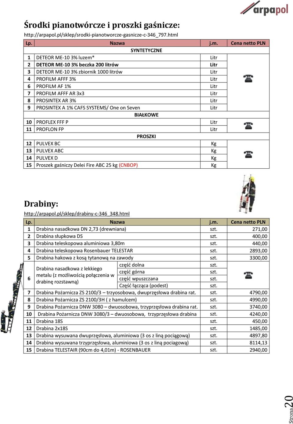 Litr 8 PROSINTEX AR 3% Litr 9 PROSINTEX A 1% CAFS SYSTEMS/ One on Seven Litr BIAŁKOWE 10 PROFLEX FFF P Litr 11 PROFLON FP Litr PROSZKI 12 PULVEX BC Kg 13 PULVEX ABC Kg 14 PULVEX D Kg 15 Proszek