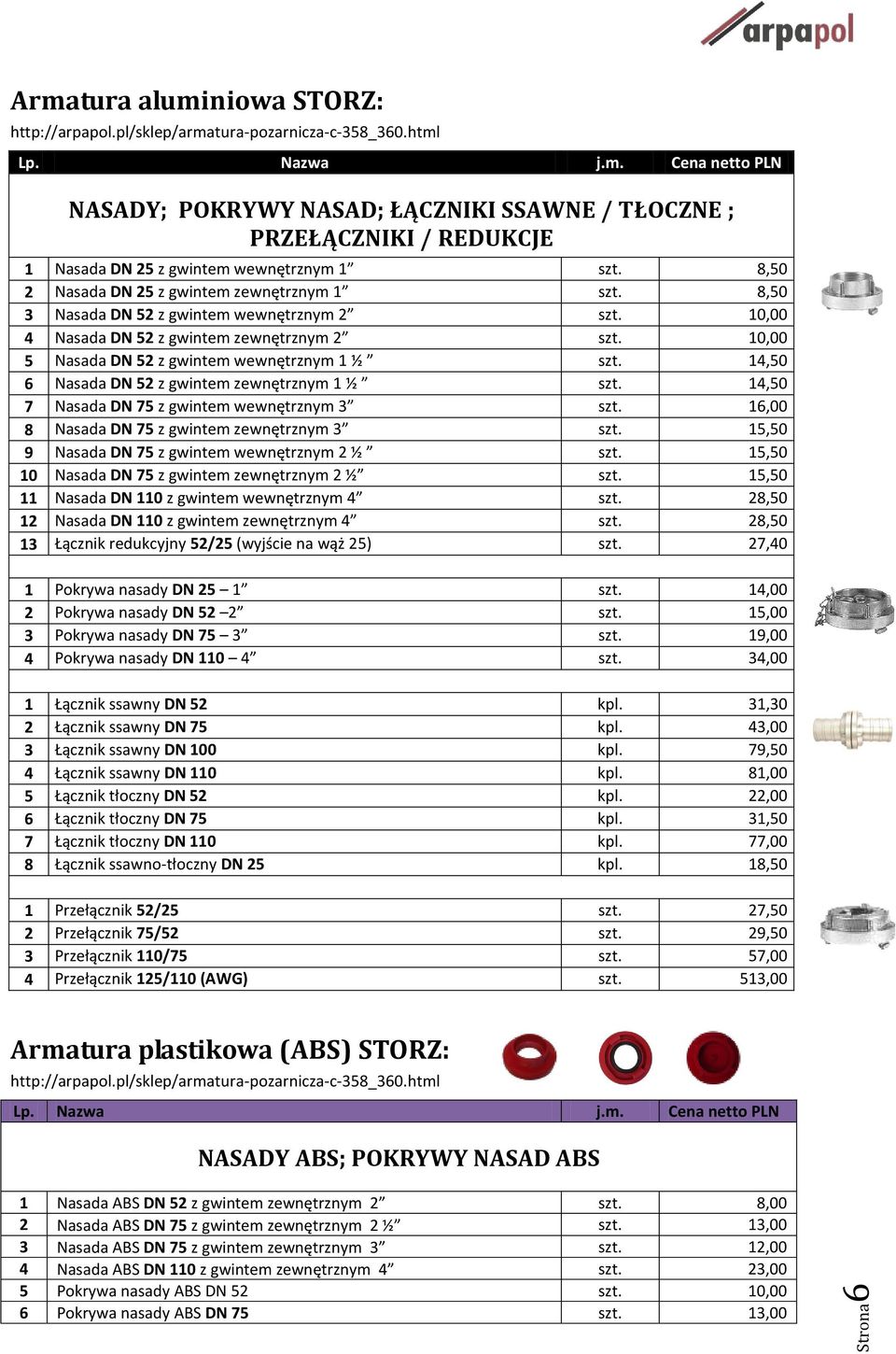wewnętrznym 2 10,00 4 Nasada DN 52 z gwintem zewnętrznym 2 10,00 5 Nasada DN 52 z gwintem wewnętrznym 1 ½ 14,50 6 Nasada DN 52 z gwintem zewnętrznym 1 ½ 14,50 7 Nasada DN 75 z gwintem wewnętrznym 3