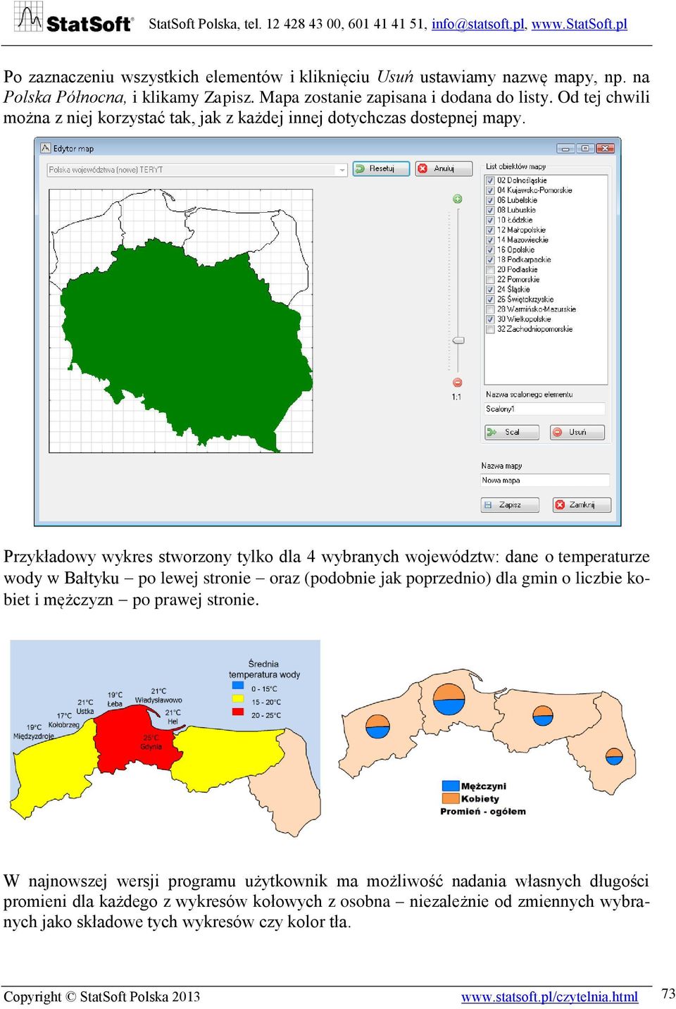 Przykładowy wykres stworzony tylko dla 4 wybranych województw: dane o temperaturze wody w Bałtyku po lewej stronie oraz (podobnie jak poprzednio) dla gmin o liczbie kobiet i