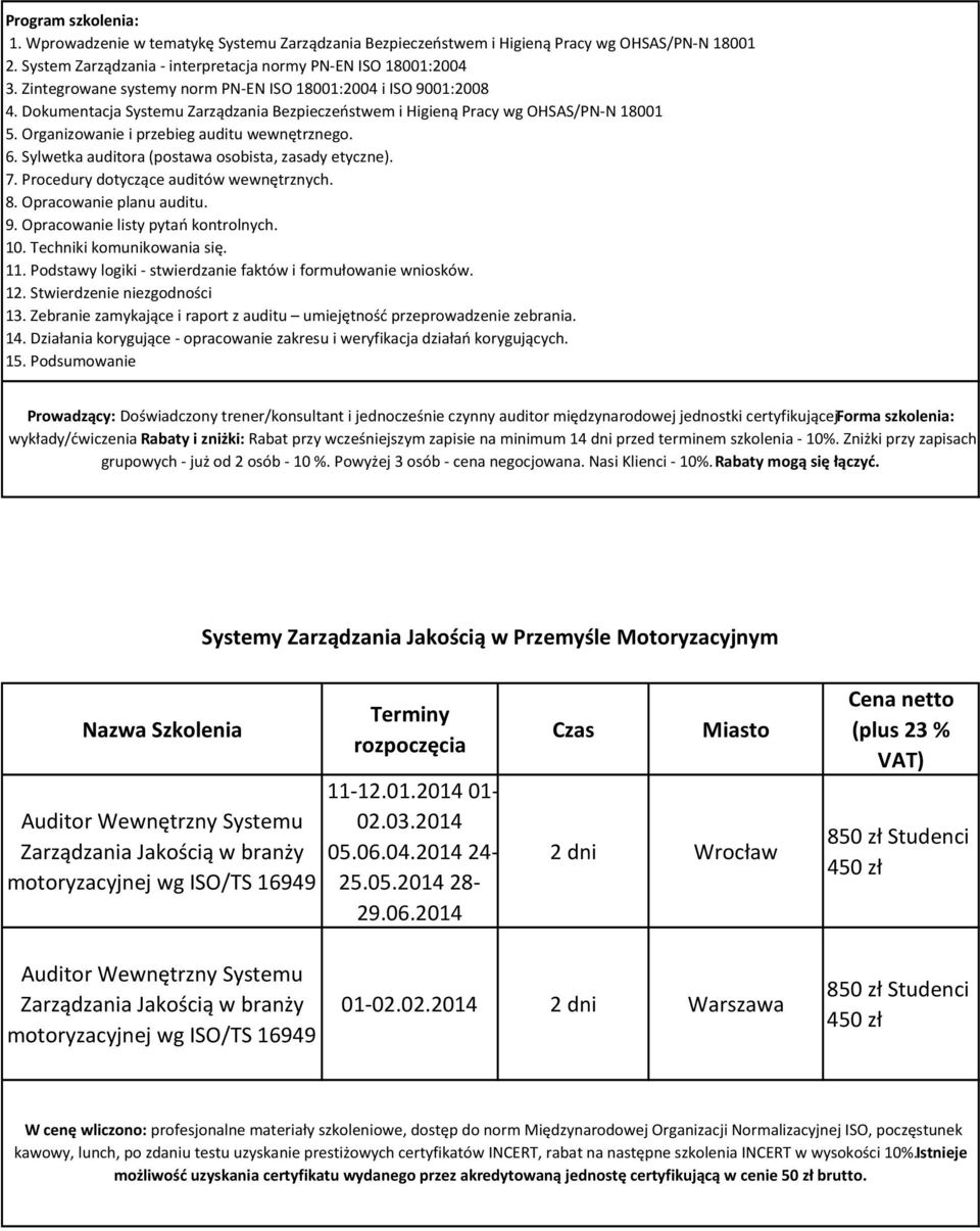 6. Sylwetka auditora (postawa osobista, zasady etyczne). 7. Procedury dotyczące auditów wewnętrznych. 8. Opracowanie planu auditu. 9. Opracowanie listy pytań kontrolnych. 10.