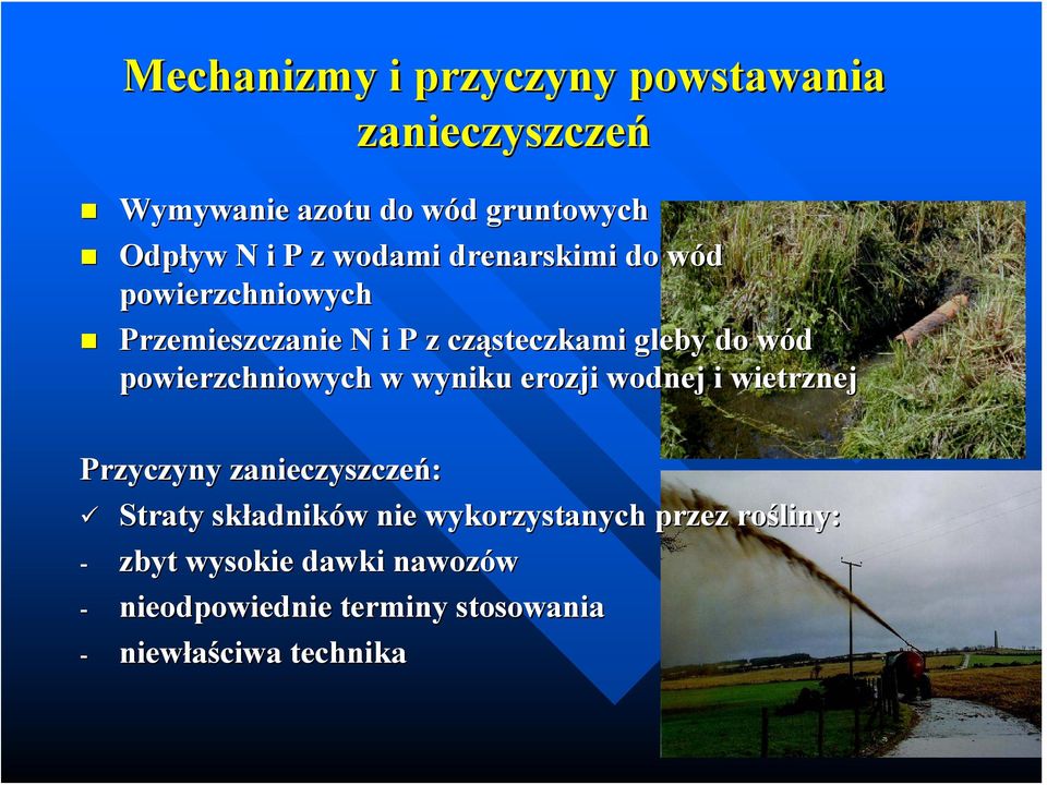 powierzchniowych w wyniku erozji wodnej i wietrznej Przyczyny zanieczyszczeń: Straty składników nie