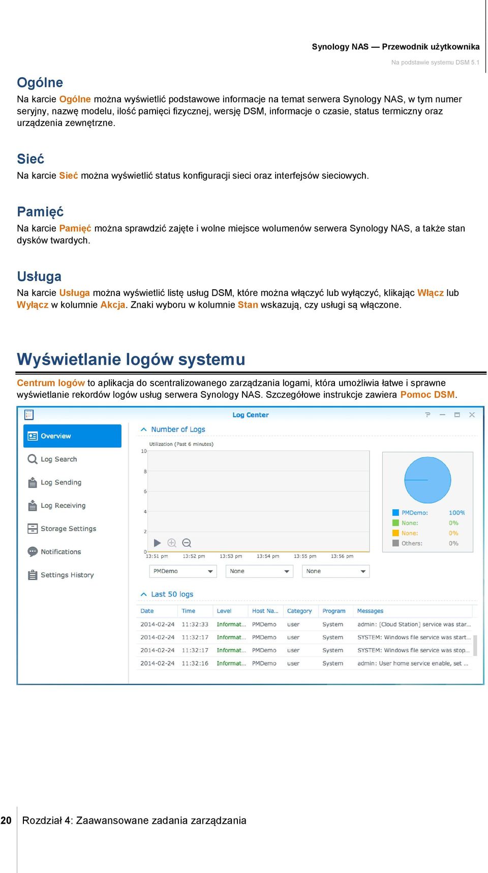 Pamięć Na karcie Pamięć można sprawdzić zajęte i wolne miejsce wolumenów serwera Synology NAS, a także stan dysków twardych.