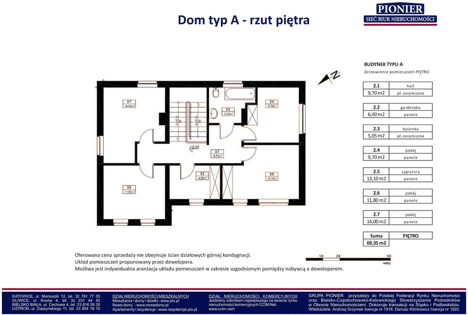 7 pokój 14,00 m2 panele Suma 69,35 m2 PIĘTO Oferowana cena sprzedaży nie obejmuje ścian działowych górnej kondygnacji. Układ pomieszczeń proponowany przez dewelopera.