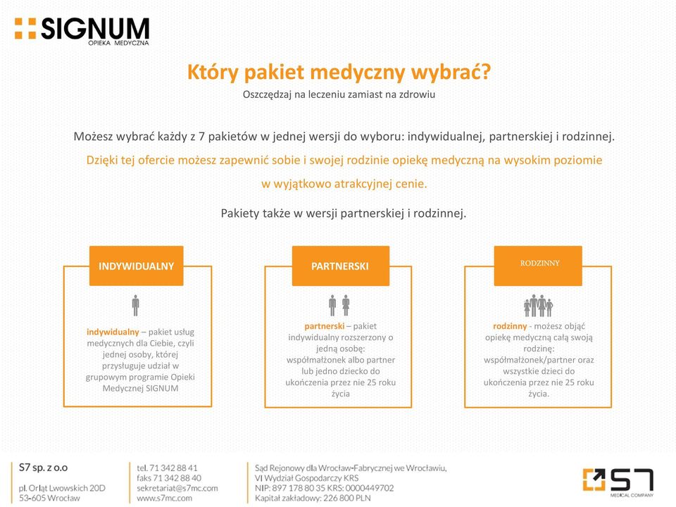 INDYWIDUALNY indywidualny pakiet usług medycznych dla Ciebie, czyli jednej osoby, której przysługuje udział w grupowym programie Opieki Medycznej SIGNUM PARTNERSKI partnerski pakiet indywidualny