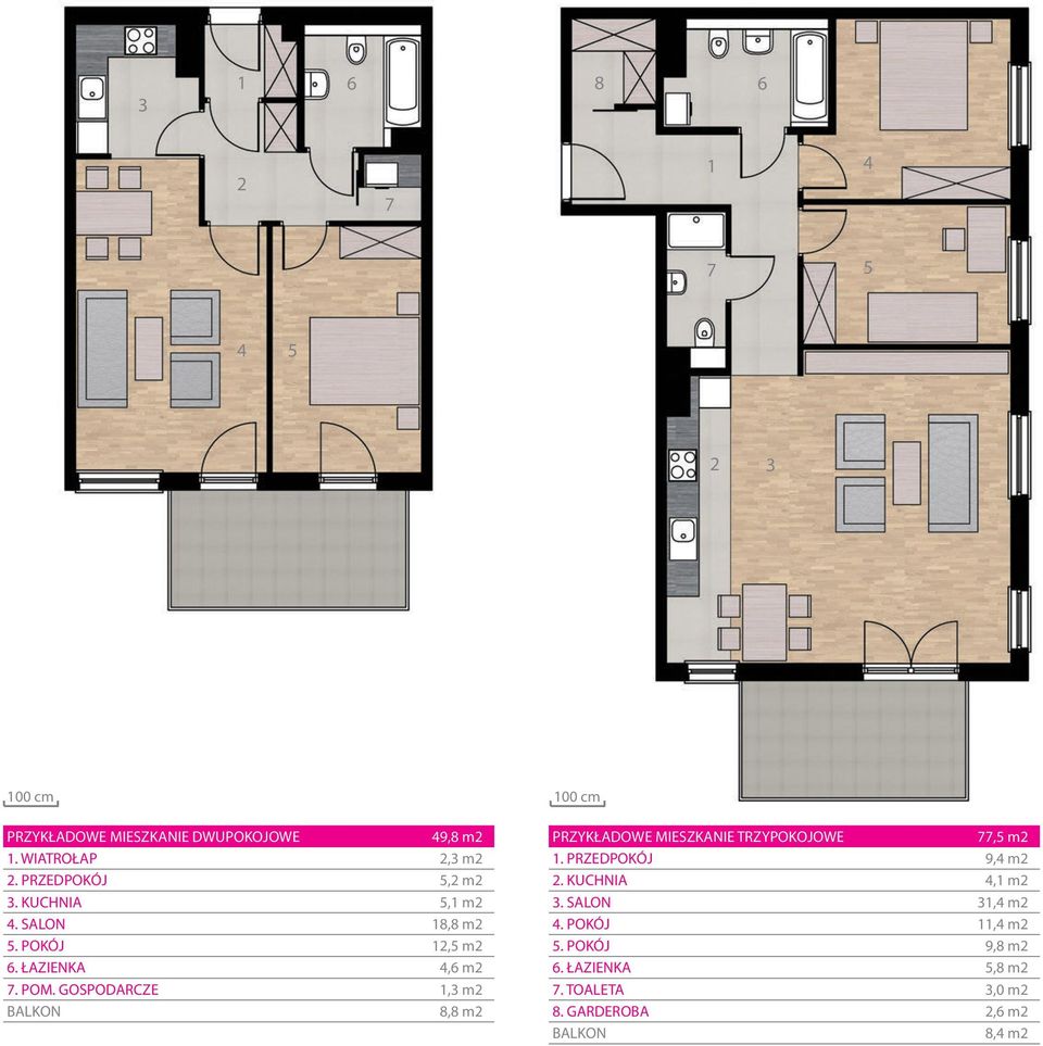 GOSPODARCZE 1,3 m2 BALKON 8,8 m2 PRZYKŁADOWE MIESZKANIE TRZYPOKOJOWE 1. PRZEDPOKÓJ 77,5 m2 9,4 m2 2.