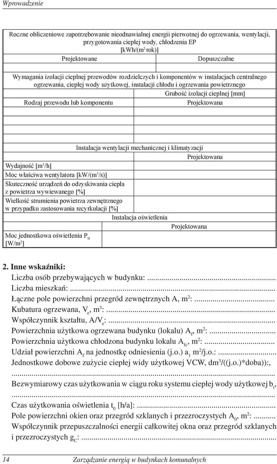 [mm] Rodzaj przewodu lub komponentu Projektowana Instalacja wentylacji mechanicznej i klimatyzacji Projektowana Wydajność [m 3 /h] Moc właściwa wentylatora [kw/(m 3 /s)] Skuteczność urządzeń do