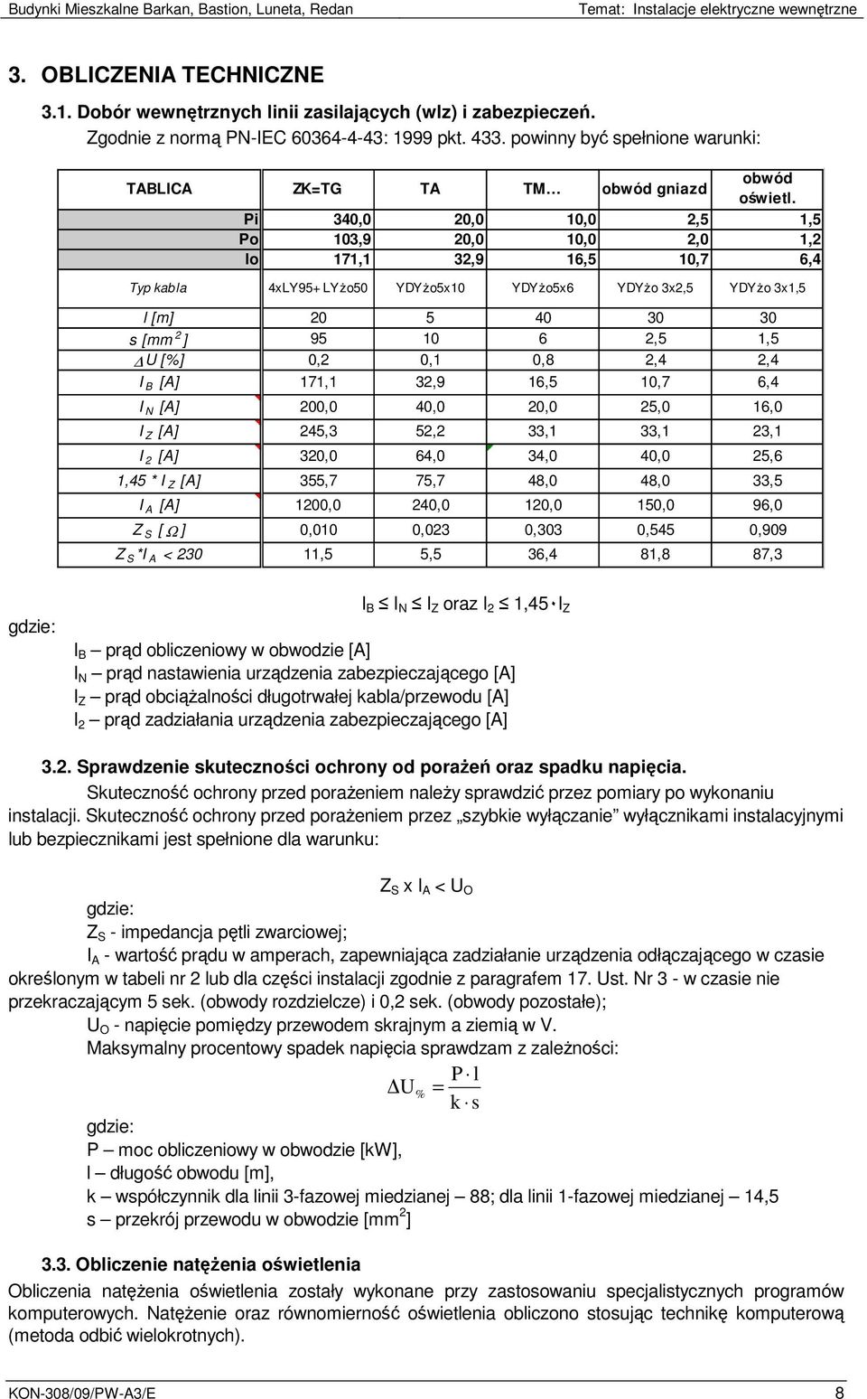 Pi 340,0 20,0 10,0 2,5 1,5 Po 103,9 20,0 10,0 2,0 1,2 Io 171,1 32,9 16,5 10,7 6,4 Typ kabla 4xLY95+ LYŜo50 YDYŜo5x10 YDYŜo5x6 YDYŜo 3x2,5 YDYŜo 3x1,5 l [m] 20 5 40 30 30 s [mm 2 ] 95 10 6 2,5 1,5 U