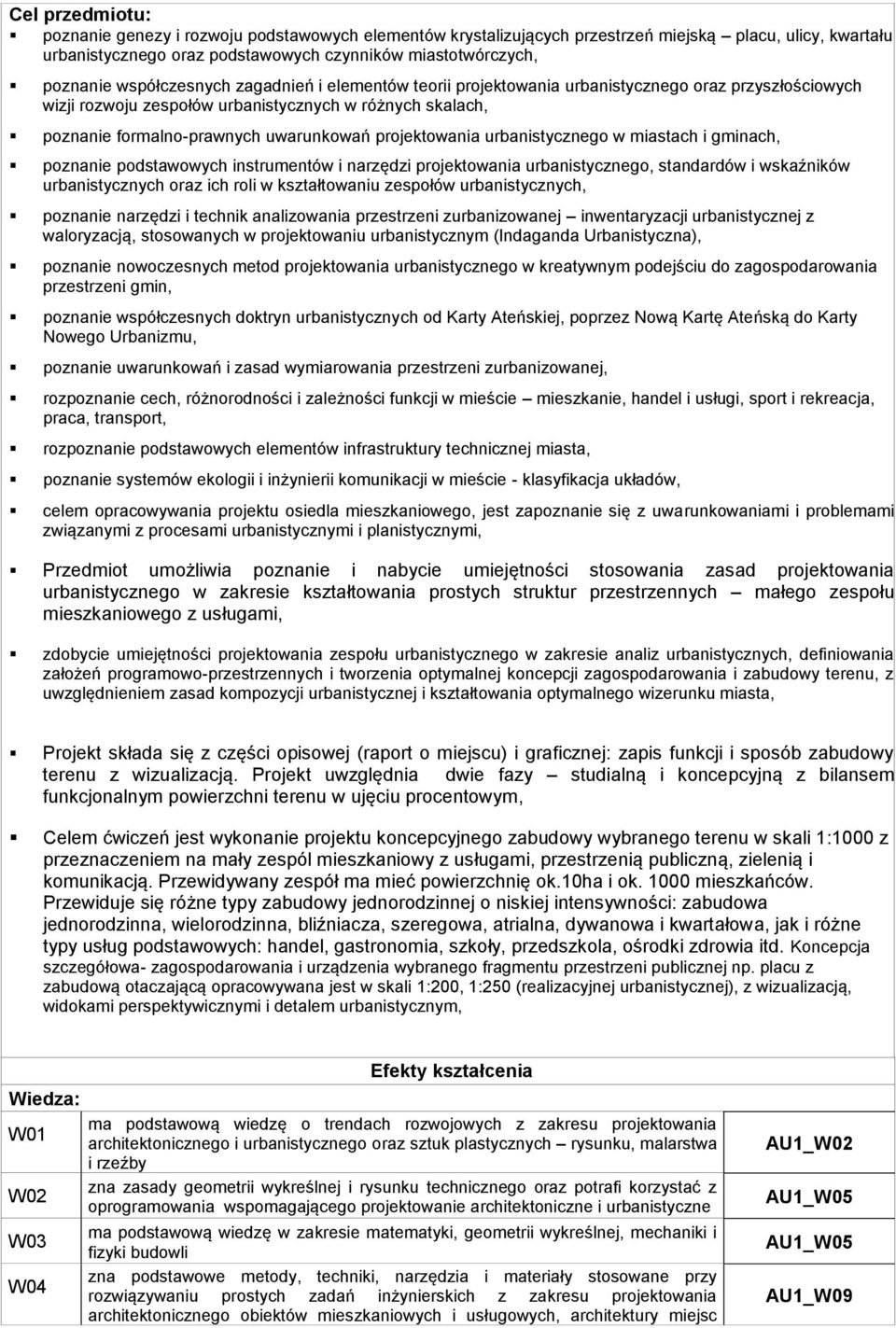 projektowania urbanistycznego w miastach i gminach, poznanie podstawowych instrumentów i narzędzi projektowania urbanistycznego, standardów i wskaźników urbanistycznych oraz ich roli w kształtowaniu