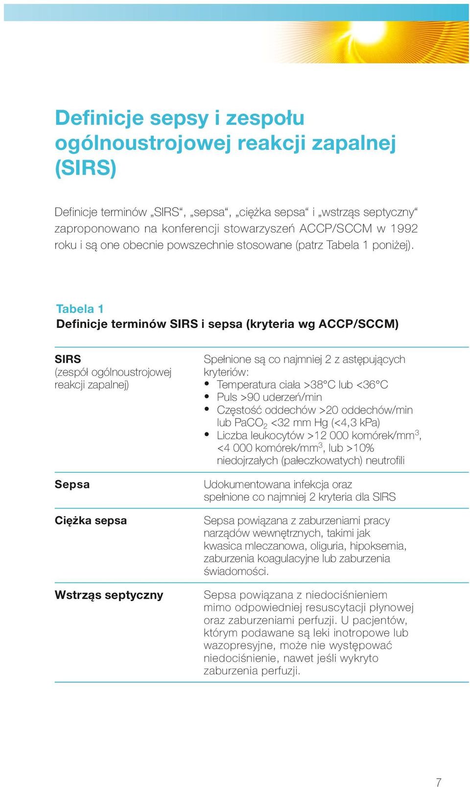 Tabela 1 Definicje terminów SIRS i sepsa (kryteria wg ACCP/SCCM) SIRS (zespół ogólnoustrojowej reakcji zapalnej) Sepsa Ciężka sepsa Wstrząs septyczny Spełnione są co najmniej 2 z astępujących