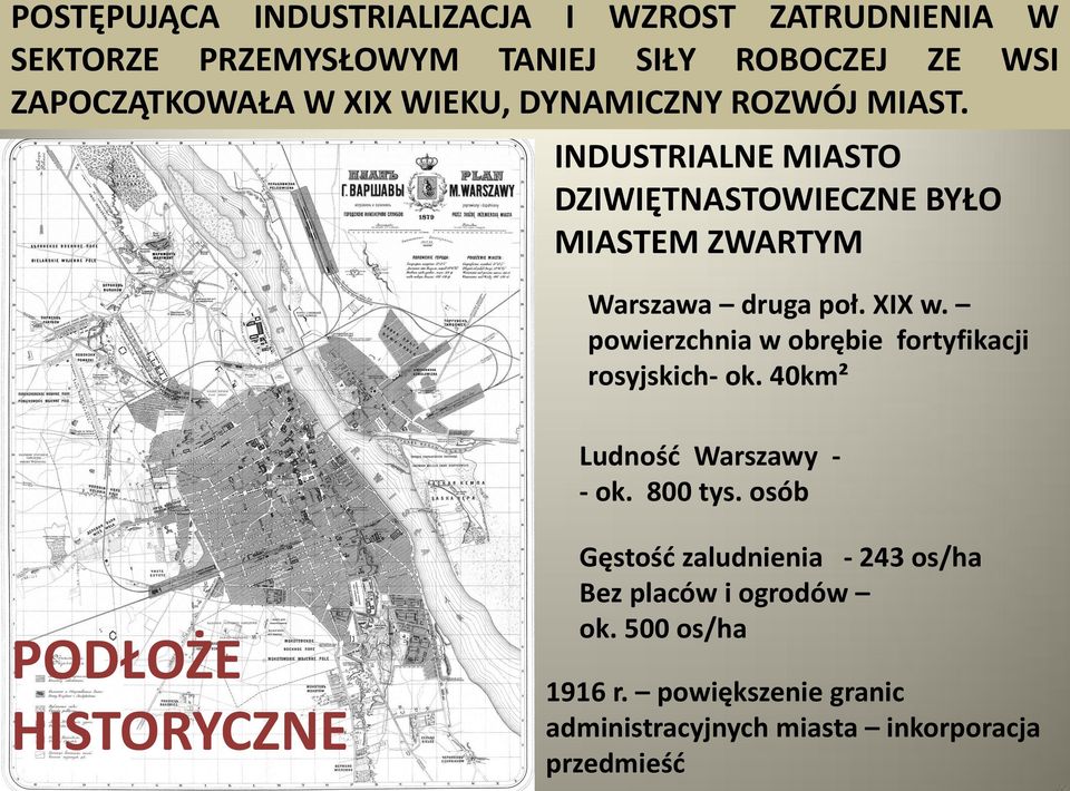 powierzchnia w obrębie fortyfikacji rosyjskich- ok. 40km² Ludność Warszawy - - ok. 800 tys.