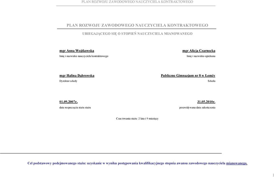 Łomży Szkoła 01.09,2007r, data rozpoczęcia stażu stażu 31.05.2010r.