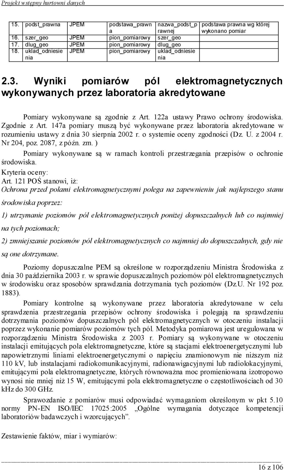 Wyniki pomiarów pól elektromagnetycznych wykonywanych przez laboratoria akredytowane Pomiary wykonywane są zgodnie z Art. 122a ustawy Prawo ochrony środowiska. Zgodnie z Art.