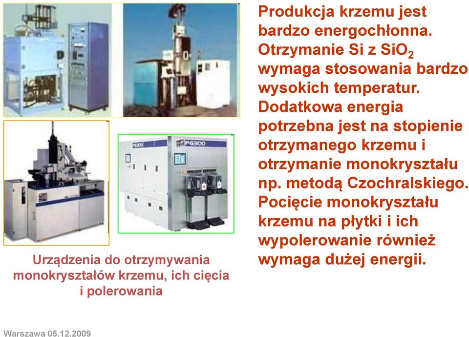 Dodatkowa energia potrzebna jest na stopienie otrzymanego krzemu i otrzymanie monokryształu np.