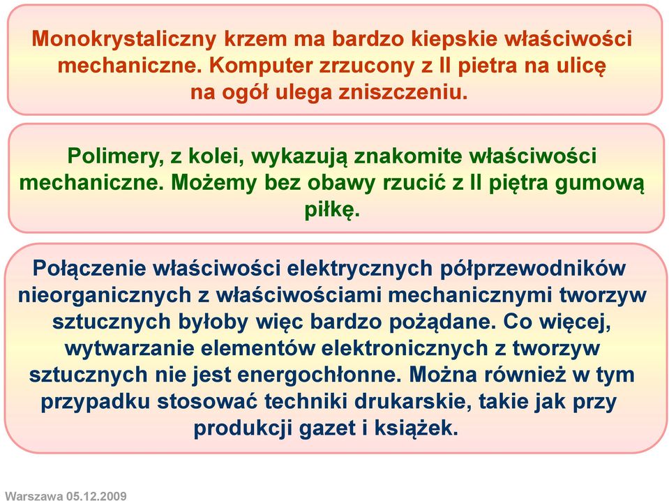 Połączenie właściwości elektrycznych półprzewodników nieorganicznych z właściwościami mechanicznymi tworzyw sztucznych byłoby więc bardzo pożądane.