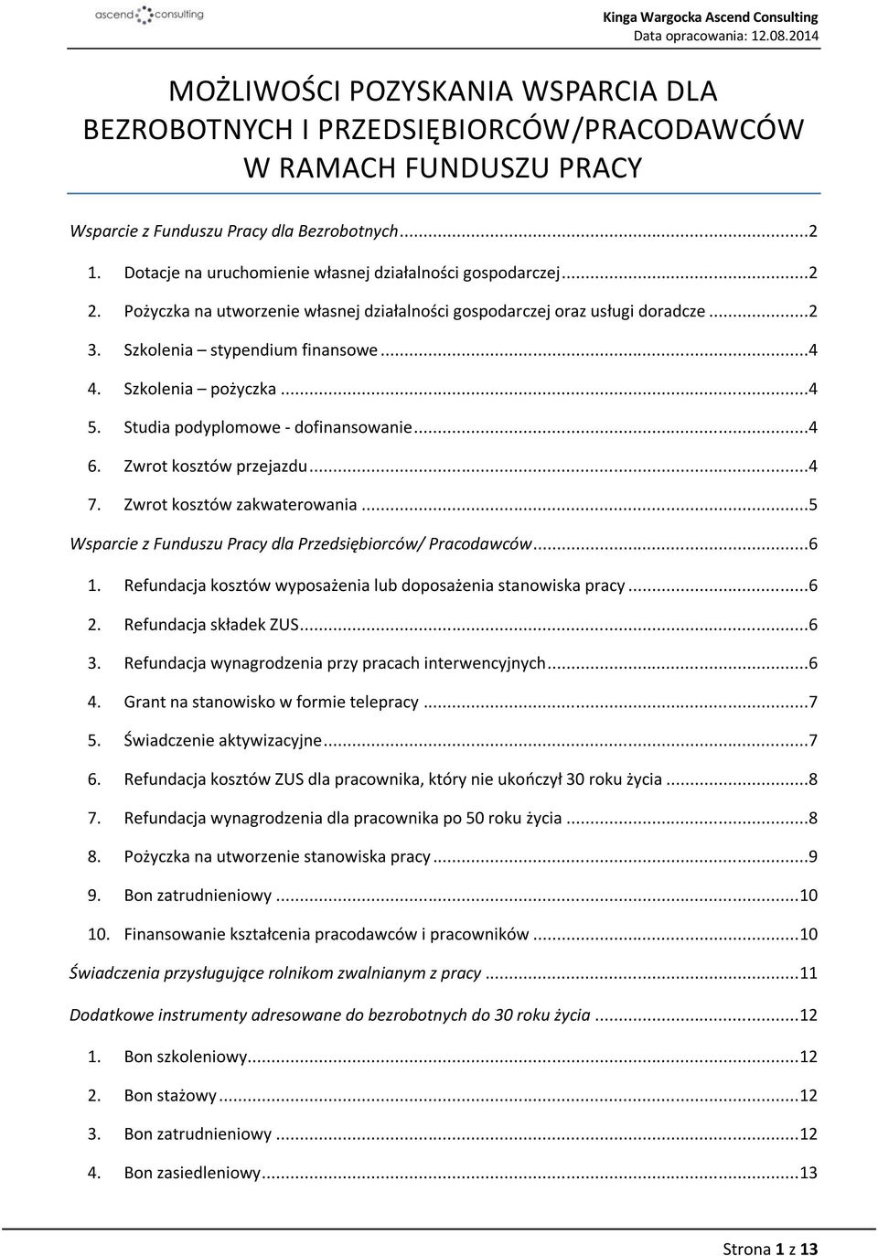 Szkolenia pożyczka...4 5. Studia podyplomowe - dofinansowanie...4 6. Zwrot kosztów przejazdu...4 7. Zwrot kosztów zakwaterowania...5 Wsparcie z Funduszu Pracy dla Przedsiębiorców/ Pracodawców...6 1.