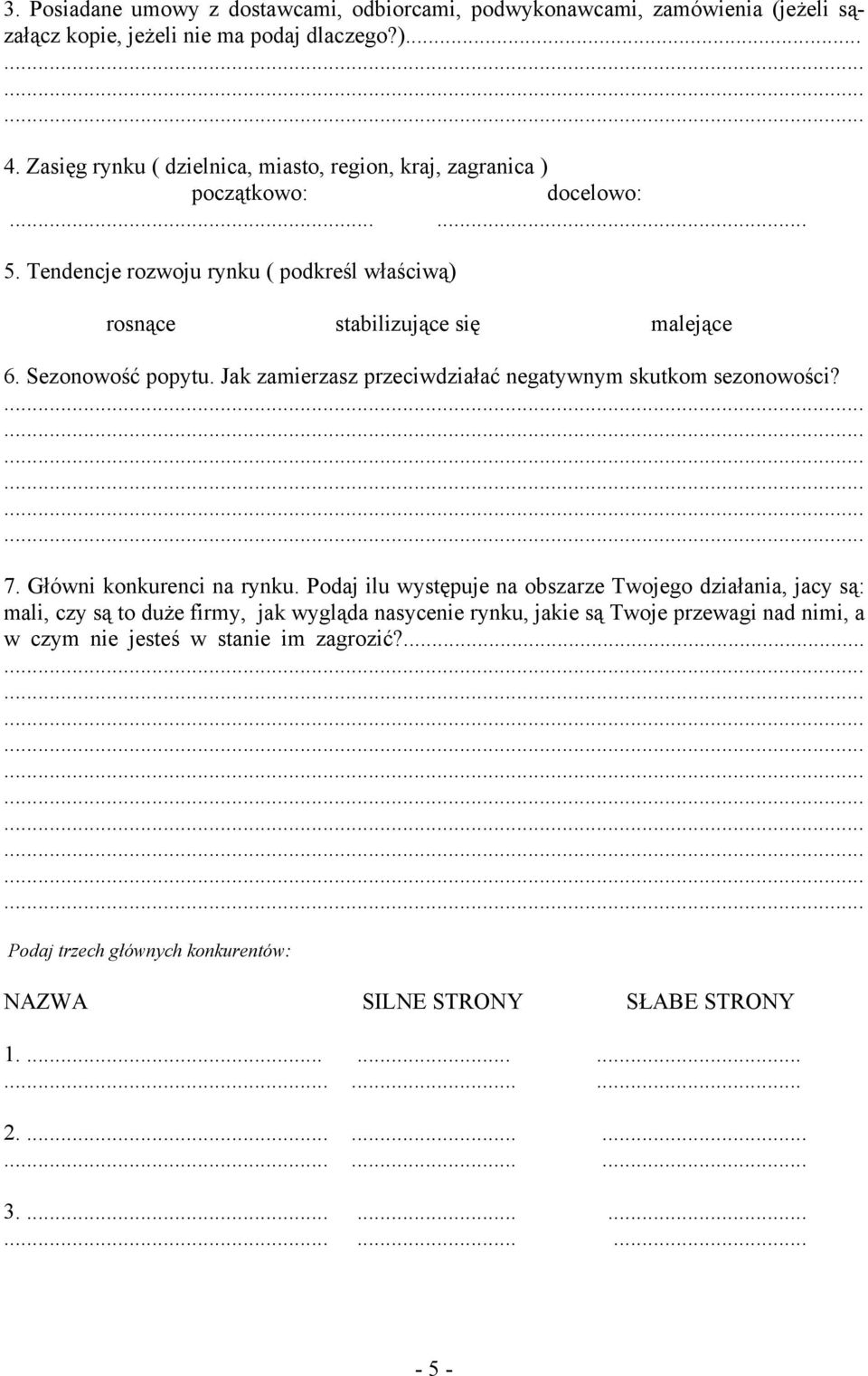 Sezonowość popytu. Jak zamierzasz przeciwdziałać negatywnym skutkom sezonowości? 7. Główni konkurenci na rynku.