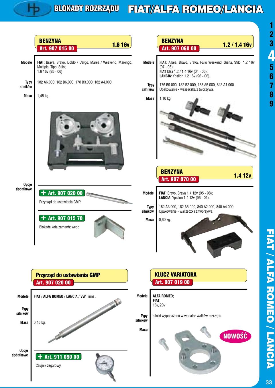 0 00 00 FIAT / ALFA ROMEO / LANCIA / VW i inne. 0, kg. + Art. 0 00 00 Przyrząd do ustawiania GMP. + Art. 0 0 0 Blokada koła zamachowego + Art. 00 00 Czujnik zegarowy. Art. 0 00 00 FIAT: Bravo, Brava.