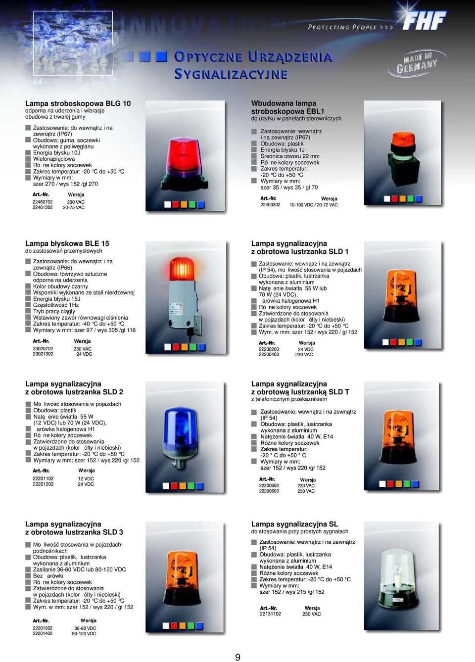 zewnątrz (IP67) Obudowa: plastik Energia błysku 1J Średnica otworu 22 mm Różne kolory soczewek Zakres temperatur: -20 C do +50 C szer 35 / wys 35 / gł 70 Lampa błyskowa BLE 15 do zastosowań