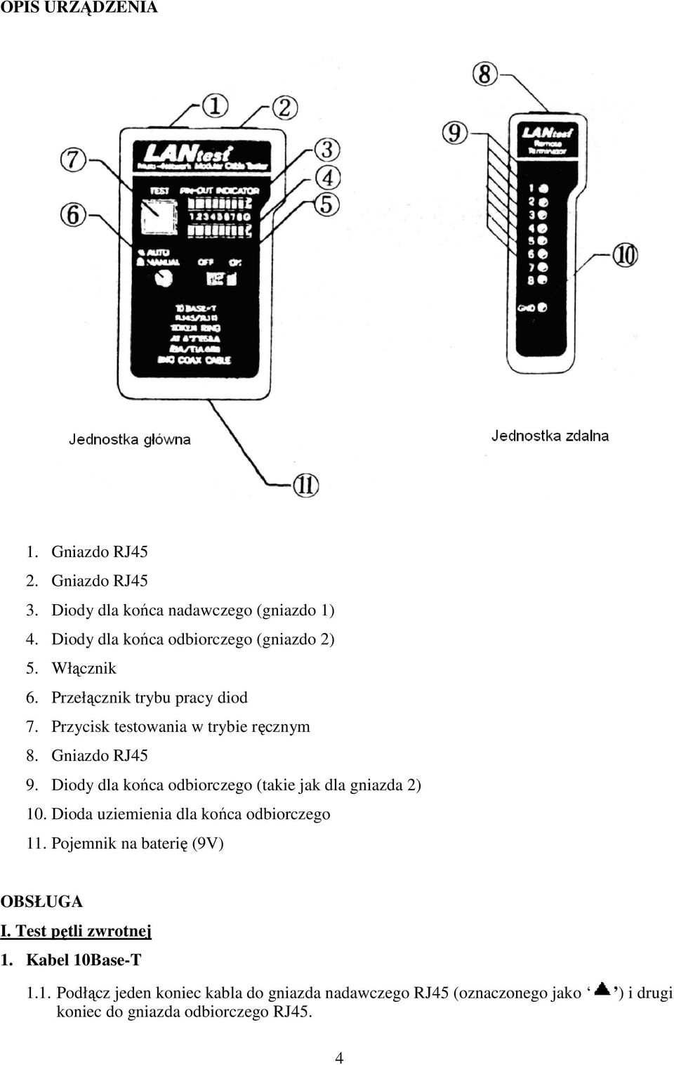 Gniazdo RJ45 9. Diody dla końca odbiorczego (takie jak dla gniazda 2) 10. Dioda uziemienia dla końca odbiorczego 11.