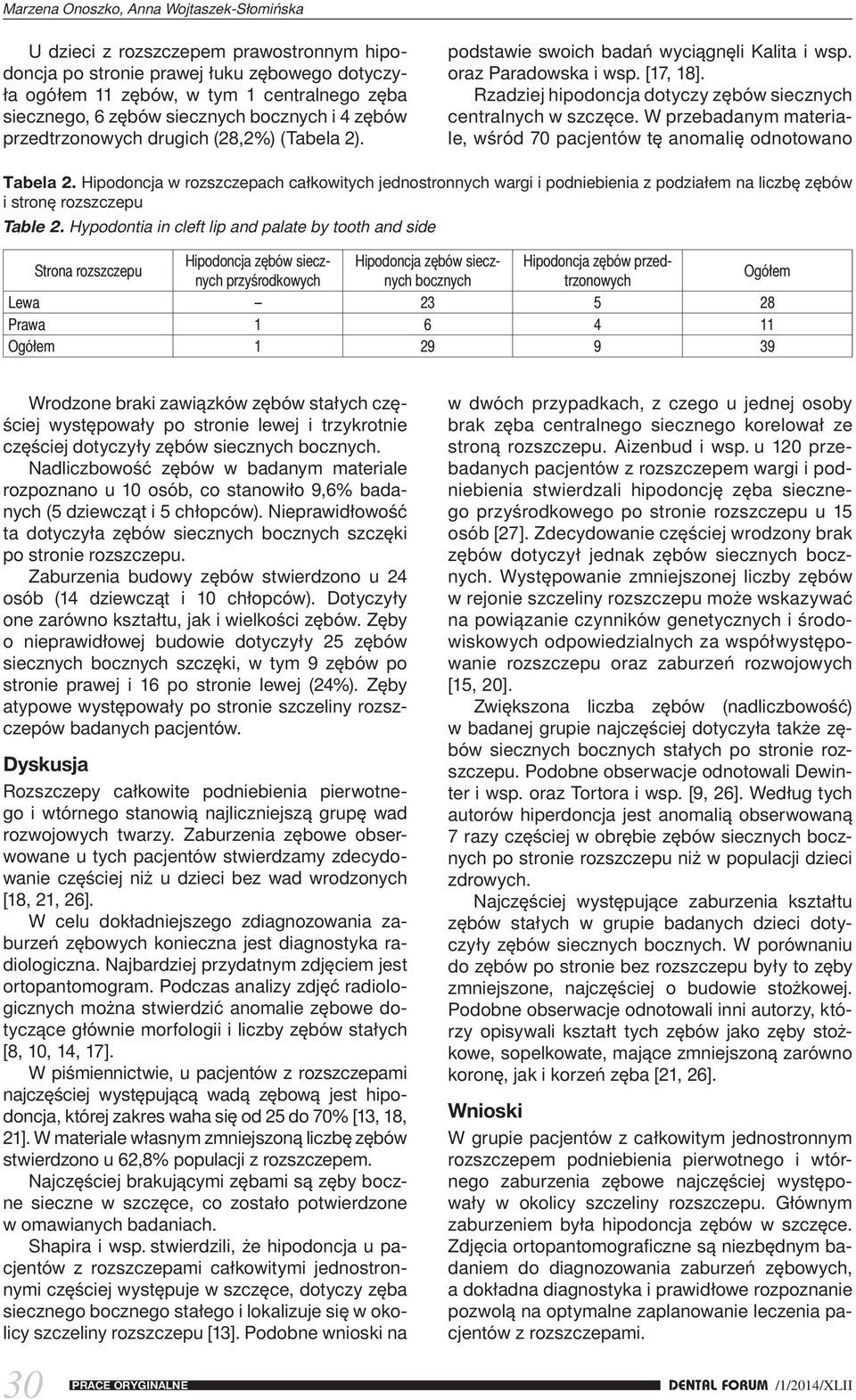 W przebadanym materiale, wśród 70 pacjentów tę anomalię odnotowano Tabela 2.