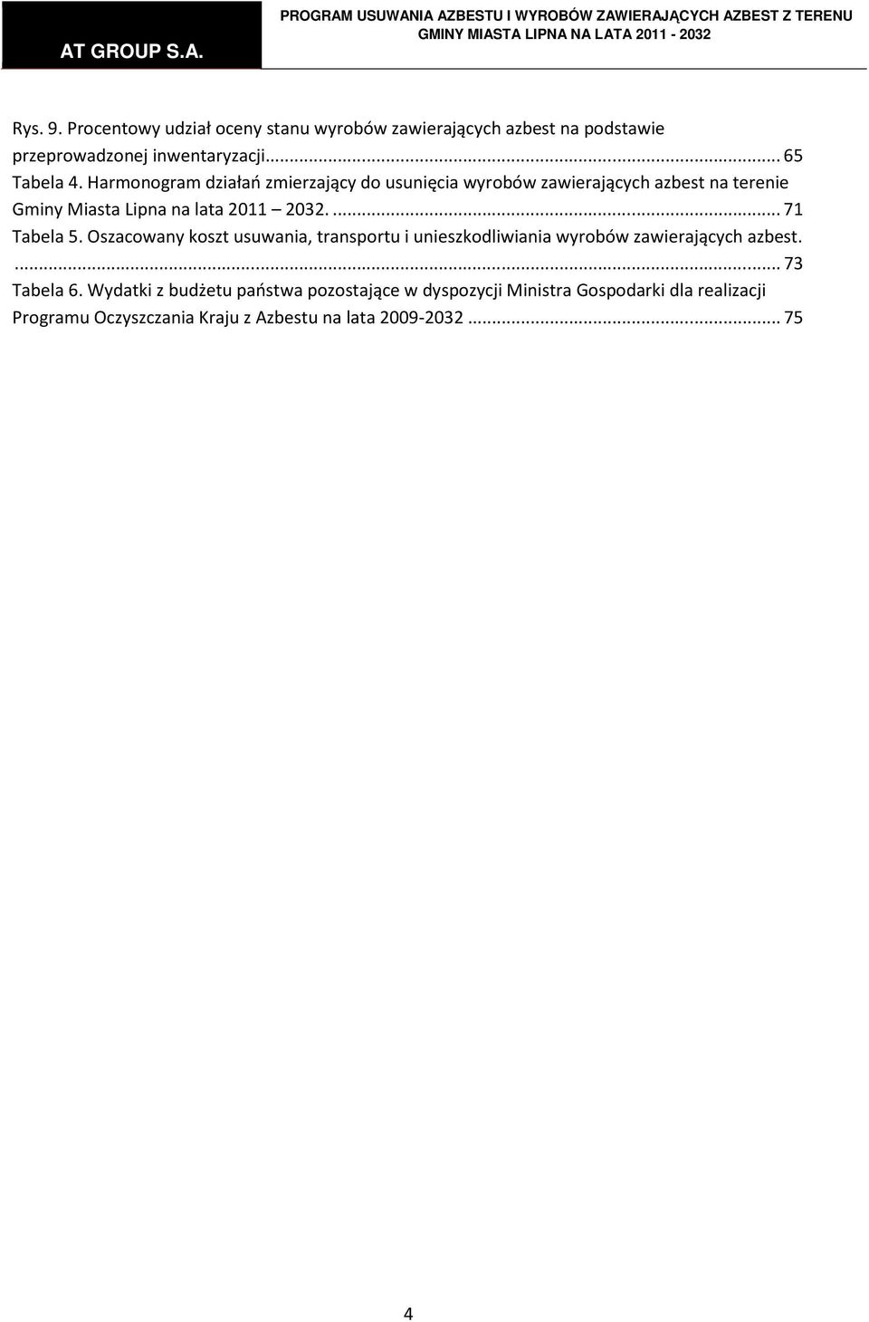 ... 71 Tabela 5. Oszacowany koszt usuwania, transportu i unieszkodliwiania wyrobów zawierających azbest.... 73 Tabela 6.