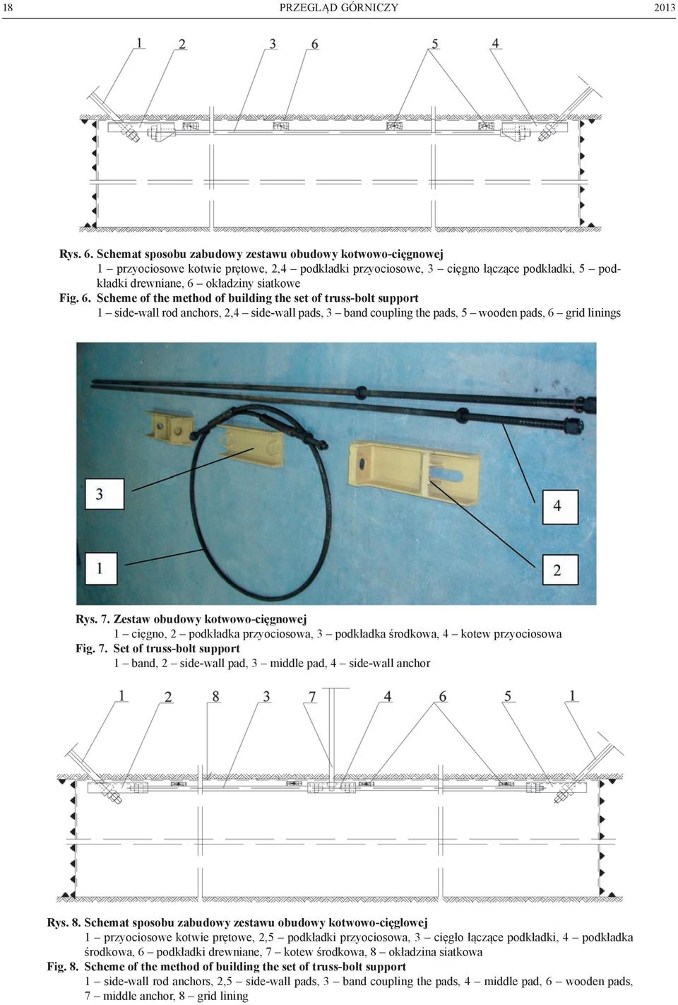 okładziny siatkowe Fig. 6. Scheme of the method of building the set of truss-bolt support 1 side-wall rod anchors, 2,4 side-wall pads, 3 band coupling the pads, 5 wooden pads, 6 grid linings Rys. 7.