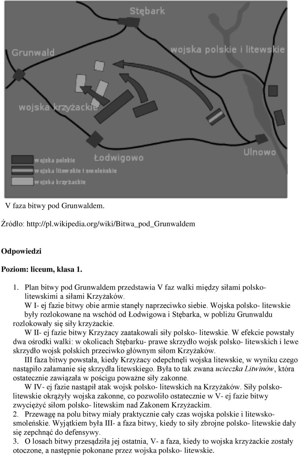 Wojska polsko- litewskie były rozlokowane na wschód od Łodwigowa i Stębarka, w pobliżu Grunwaldu rozlokowały się siły krzyżackie. W II- ej fazie bitwy Krzyżacy zaatakowali siły polsko- litewskie.