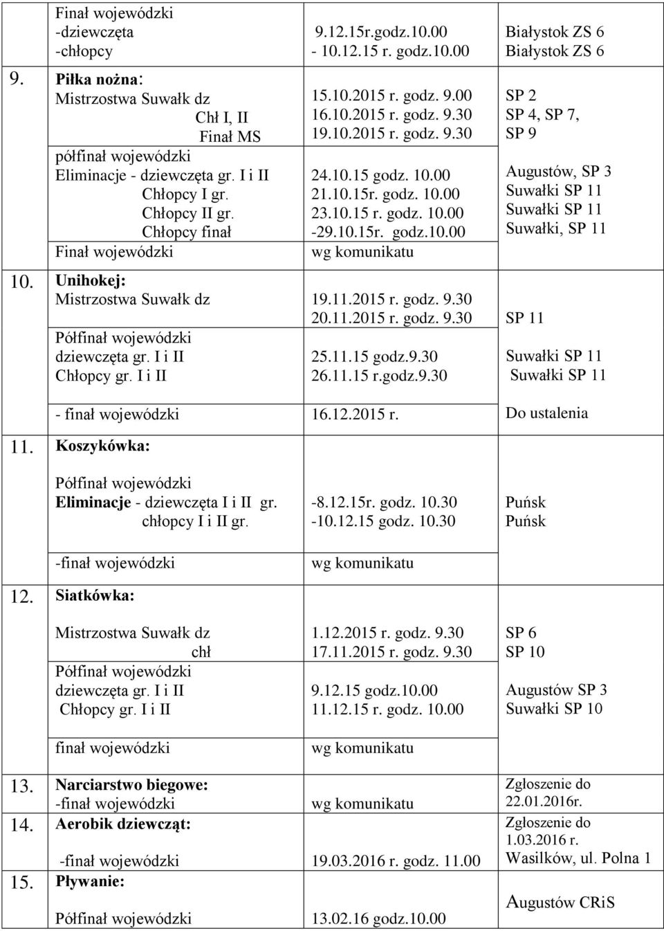 2015 r. godz. 9.30 dziewczęta gr. I i II Chłopcy gr. I i II Białystok ZS 6 Białystok ZS 6 SP 2 SP 4, SP 7, SP 9 20.11.2015 r. godz. 9.30 SP 11 25.11.15 godz.9.30 26.11.15 r.godz.9.30 Augustów, SP 3 Suwałki, SP 11 - finał wojewódzki 16.