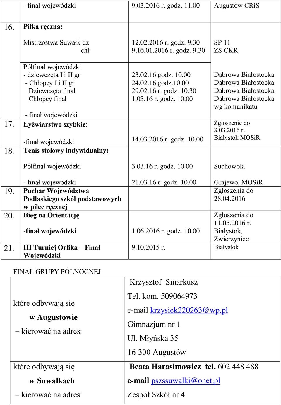 03.16 r. godz. 10.00 Suchowola - finał wojewódzki 19. Puchar Województwa Podlaskiego szkół podstawowych w piłce ręcznej 20. Bieg na Orientację 21.03.16 r. godz. 10.00 -finał wojewódzki 1.06.2016 r.