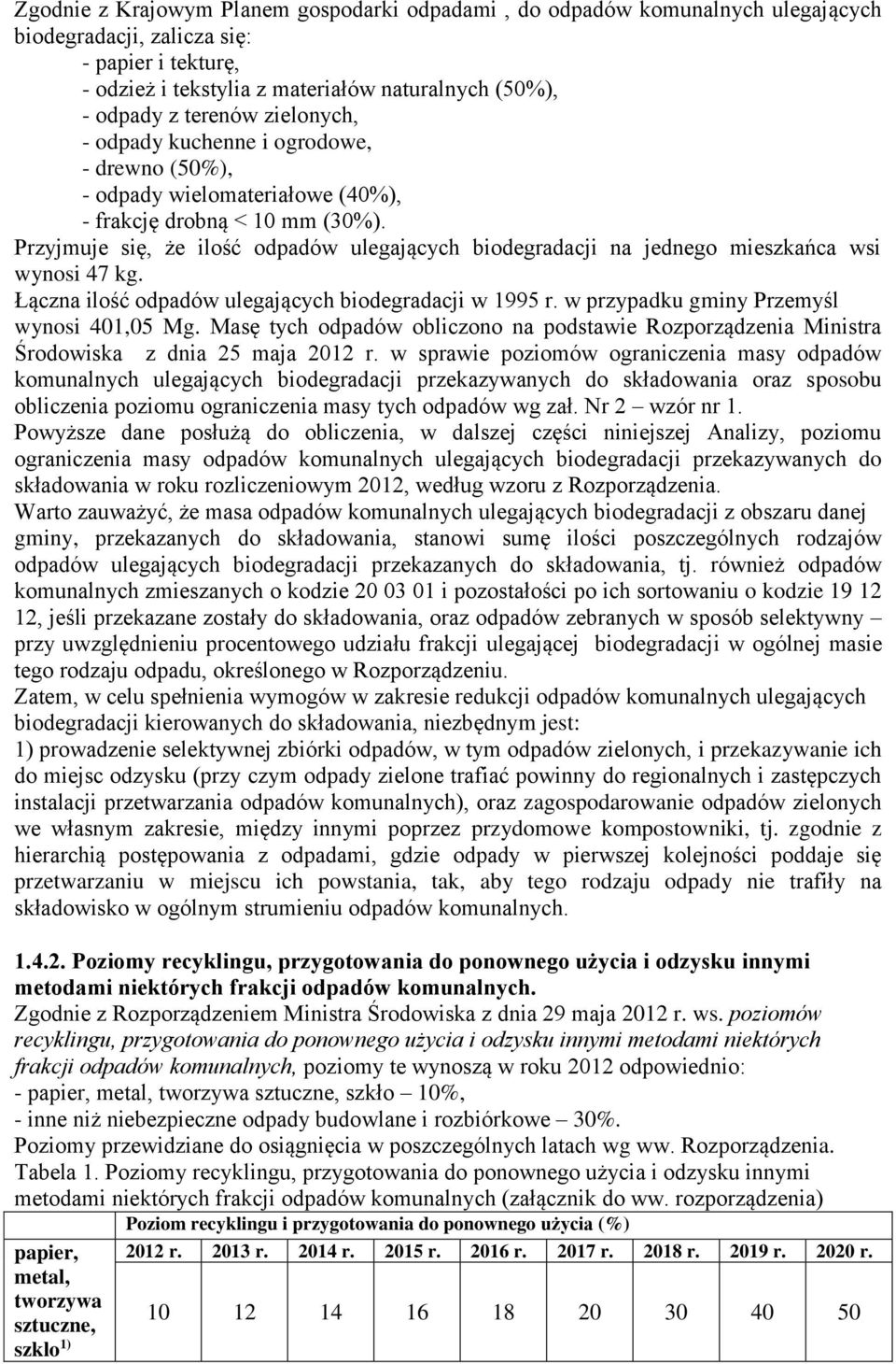 Przyjmuje się, że ilość odpadów ulegających biodegradacji na jednego mieszkańca wsi wynosi 47 kg. Łączna ilość odpadów ulegających biodegradacji w 1995 r. w przypadku gminy Przemyśl wynosi 401,05 Mg.