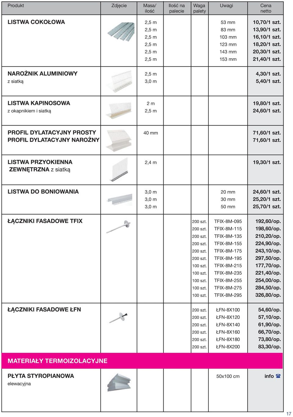 PROFIL DYLATACYJNY NAROŻNY 71,60/1 szt. LISTWA PRZYOKIENNA 2,4 m 19,30/1 szt. ZEWNĘTRZNA z siatką LISTWA DO BONIOWANIA 3,0 m 20 mm 24,60/1 szt. 3,0 m 30 mm 25,20/1 szt. 3,0 m 50 mm 25,70/1 szt.