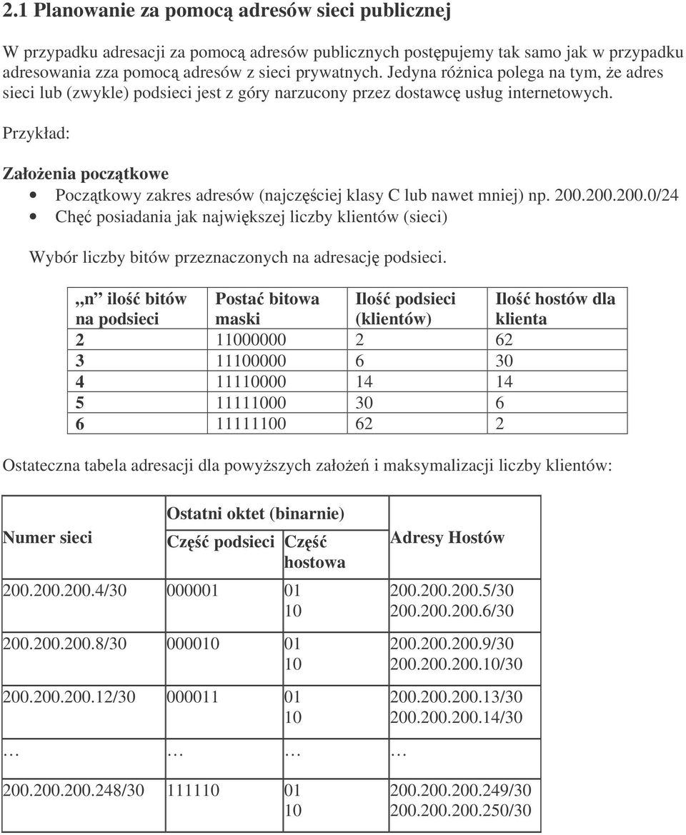 Przykład: Załoenia pocztkowe Pocztkowy zakres adresów (najczciej klasy C lub nawet mniej) np. 200.