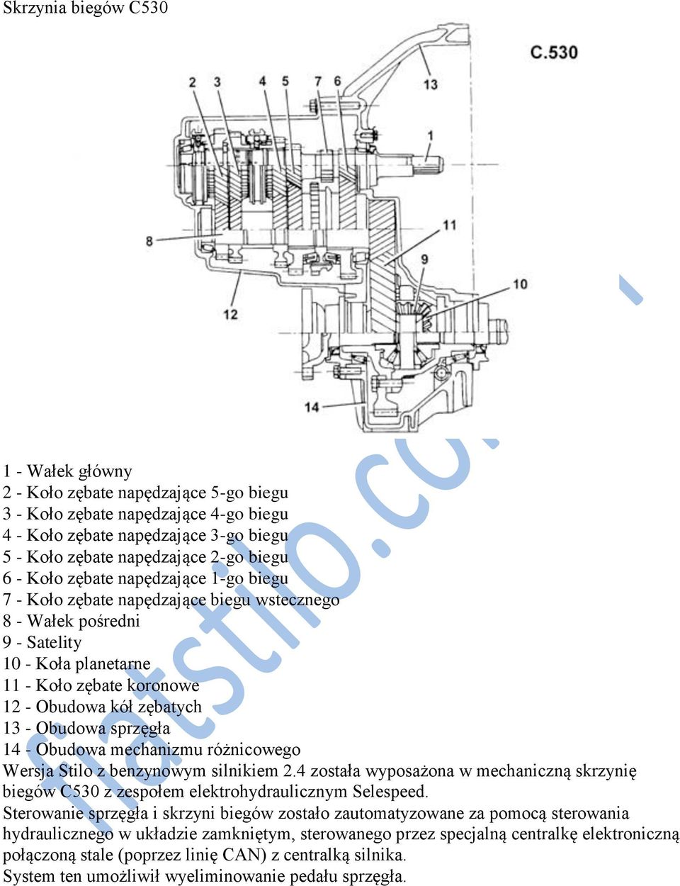 sprzęgła 14 - Obudowa mechanizmu różnicowego Wersja Stilo z benzynowym silnikiem 2.4 została wyposażona w mechaniczną skrzynię biegów C530 z zespołem elektrohydraulicznym Selespeed.