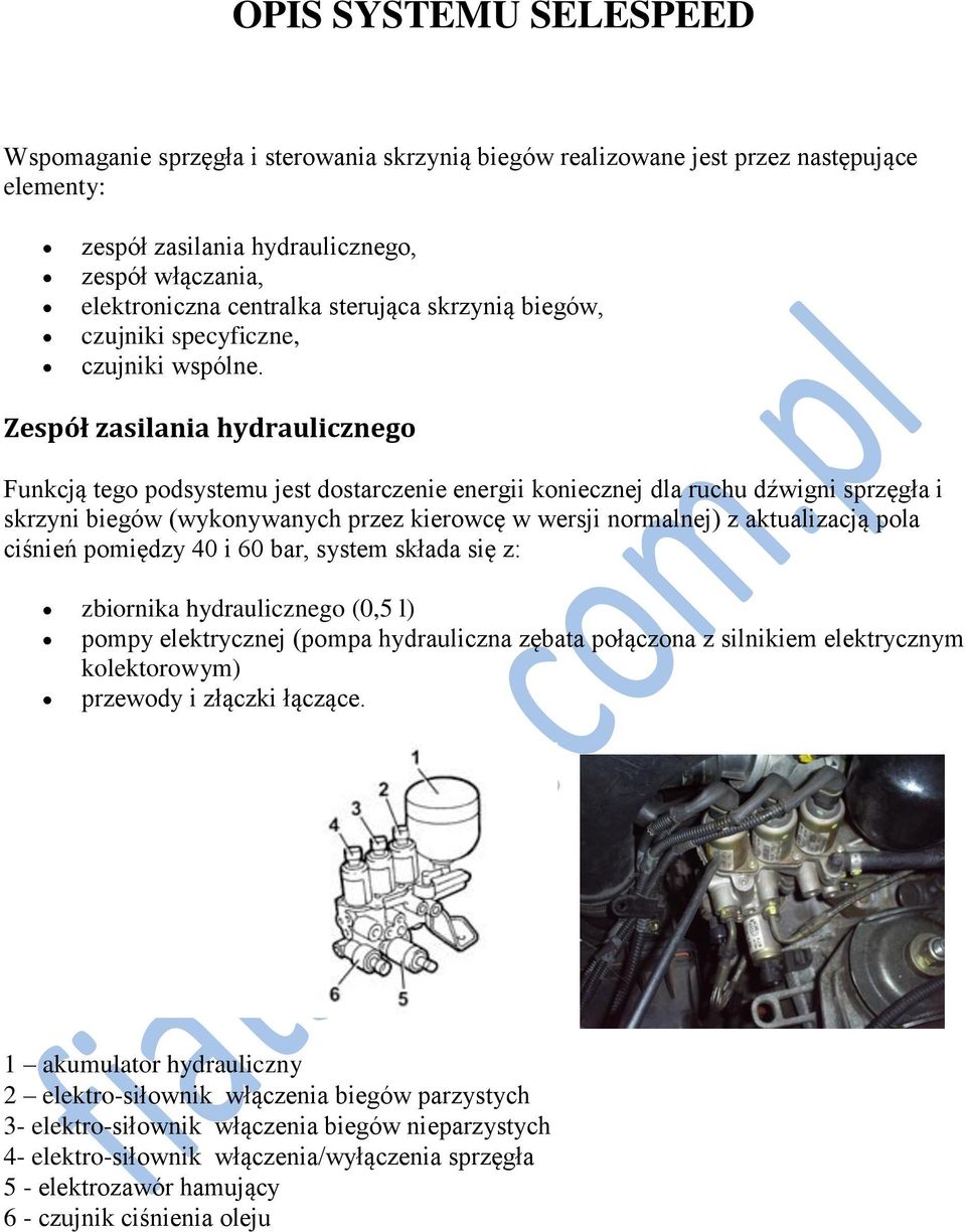 Zespół zasilania hydraulicznego Funkcją tego podsystemu jest dostarczenie energii koniecznej dla ruchu dźwigni sprzęgła i skrzyni biegów (wykonywanych przez kierowcę w wersji normalnej) z