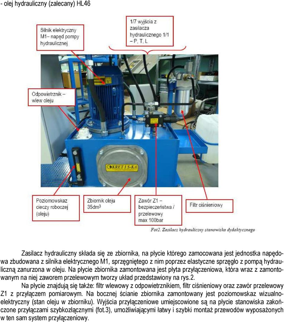 2. Na łycie znajdują się także: filtr wlewowy z odowietrznikiem, filtr ciśnieniowy oraz zawór rzelewowy Z1 z rzyłączem omiarowym.