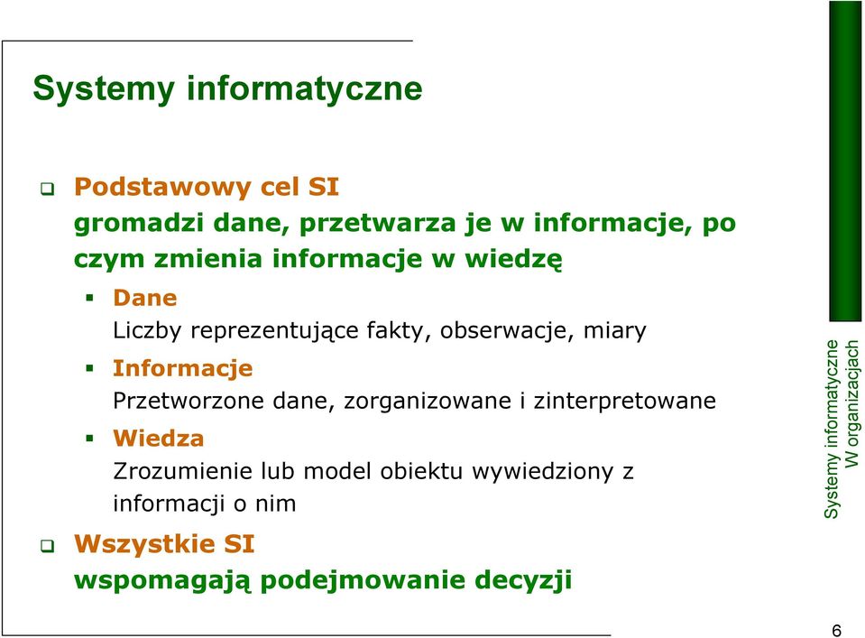 Informacje Przetworzone dane, zorganizowane i zinterpretowane Wiedza Zrozumienie