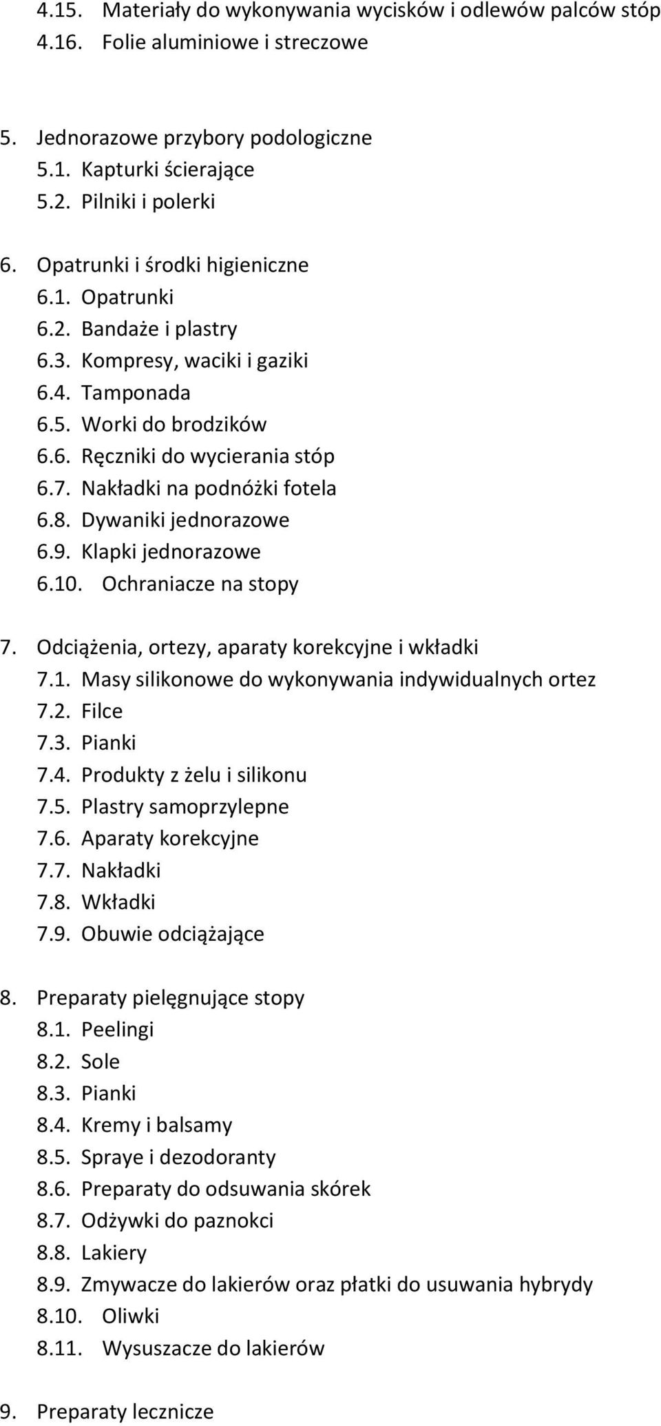 Nakładki na podnóżki fotela 6.8. Dywaniki jednorazowe 6.9. Klapki jednorazowe 6.10. Ochraniacze na stopy 7. Odciążenia, ortezy, aparaty korekcyjne i wkładki 7.1. Masy silikonowe do wykonywania indywidualnych ortez 7.