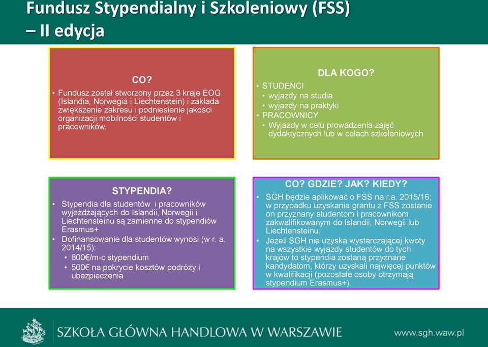 STUDENCI wyjazdy na studia wyjazdy na praktyki PRACOWNICY Wyjazdy w celu prowadzenia zajęć dydaktycznych lub w celach szkoleniowych STYPENDIA?