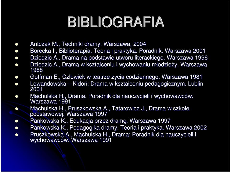 Warszawa 1981 Lewandowska Kidoń: : Drama w kształceniu pedagogicznym. Lublin 2001 Machulska H., Drama. Poradnik dla nauczycieli i wychowawców. w. Warszawa 1991 Machulska H., Pruszkowska A.