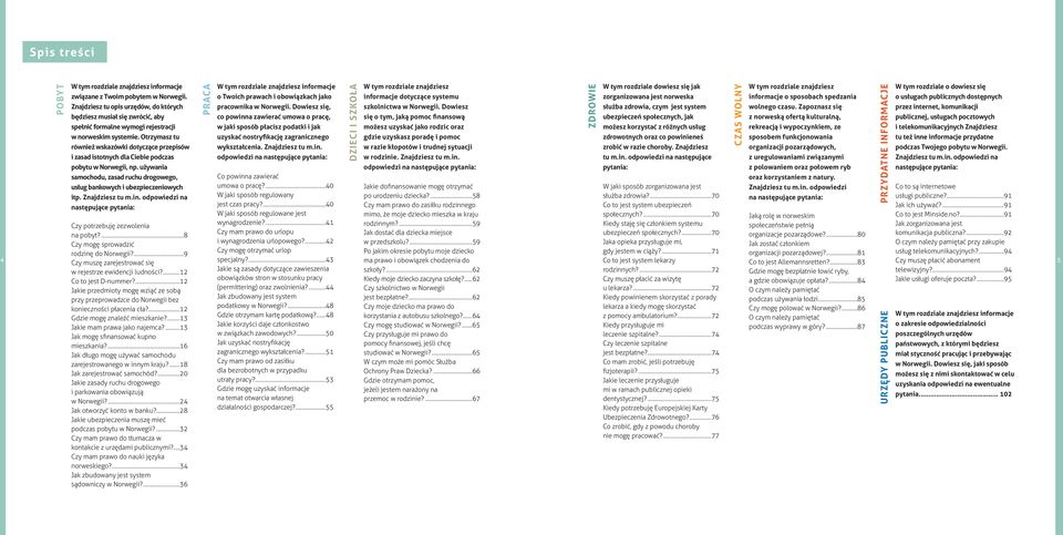 Otrzymasz tu również wskazówki dotyczące przepisów i zasad istotnych dla Ciebie podczas pobytu w Norwegii, np. używania samochodu, zasad ruchu drogowego, usług bankowych i ubezpieczeniowych itp.