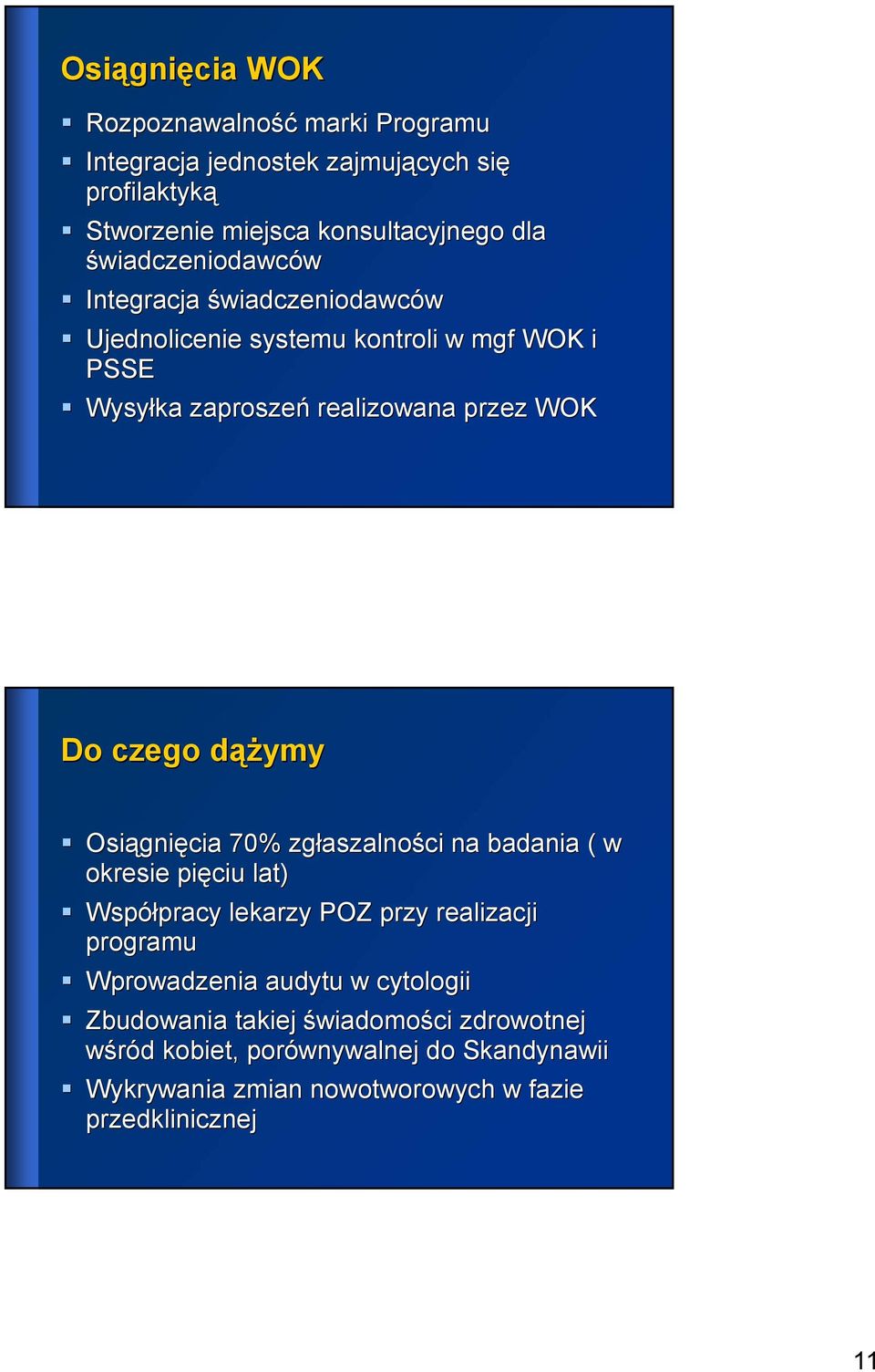 dąŝymy Osiągnięcia 70% zgłaszalności na badania ( w okresie pięciu lat) Współpracy lekarzy POZ przy realizacji programu Wprowadzenia audytu w