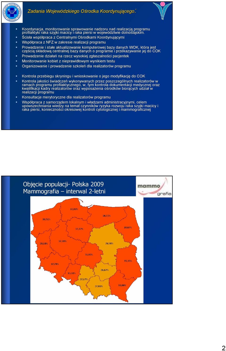 centralnej bazy danych o programie i przekazywanie jej do COK Prowadzenie działań na rzecz wysokiej zgłaszalności pacjentek Monitorowanie kobiet z nieprawidłowym wynikiem testu Organizowanie i