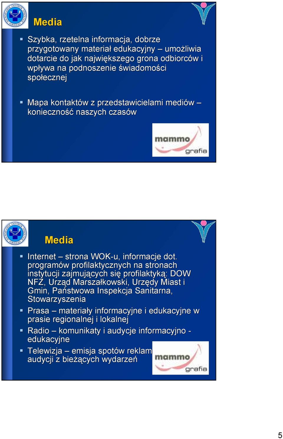 programów profilaktycznych na stronach instytucji zajmujących się profilaktyką: DOW NFZ, Urząd Marszałkowski, Urzędy Miast i Gmin, Państwowa Inspekcja Sanitarna,